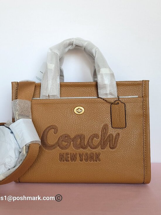 COACH Handbags - COACH Bubble Leather Cargo MEDIUM Tote w Webbing Strap- Honey Brown⭐